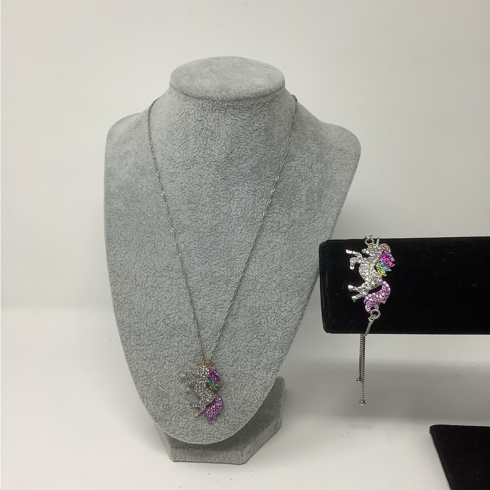 Silver and Pink Unicorn Necklace and Bracelet Set